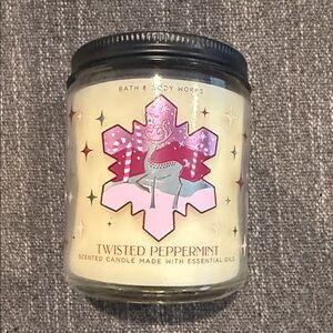 Bath & Body Works Twisted Peppermint Candle with Pink and Cream Design